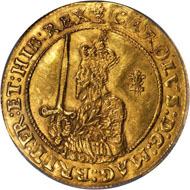 40141: GREAT BRITAIN. Triple Unite, 1642. Oxford Mint. PCGS AU-58. Realized $161,000.