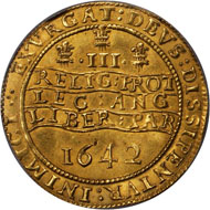 40141: GREAT BRITAIN. Triple Unite, 1642. Oxford Mint. PCGS AU-58. Realized $161,000.