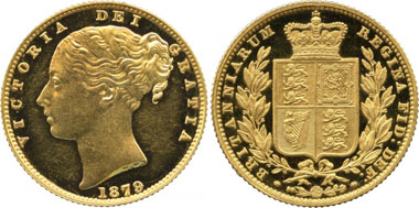 625: Royal Mint Issues, London. Extremely Rare 1879 Pattern London Shield Reverse Sovereign of Queen Victoria. Victoria, Pattern Sovereign, 1879. Estimate: 12,000-15,000 GBP. Realized: 40,000 GBP.