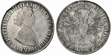 14: Peter I. 1682-1725, Rouble 1704, Red Mint. 27.97 g. Bitkin 786 (R4). Estimated: CHF 150,000. Realized: CHF 750,000.