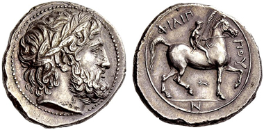 27: Philipp II, tetradrachm. Estimate: CHF 15,000. Realized: CHF 50,000.