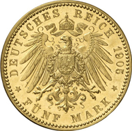 6170: WURTEMBERG. William II (1891-1918). 5 marks, 1905. J. 176. Of great rarity, PP. Estimate: 10,000 EUR. Final Price: 26,000 EUR.