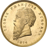 Lot 162: SOUTH AFRICA. Republic of South Africa. Pound 1874. Fb. 1 a. Splendid specimen, mintage: only 174 specimens. From Hirsch Mynthandel 19 (1981), 333. About mint state. Estimate: 30,000 euros. Hammer price: 110,000 euros.