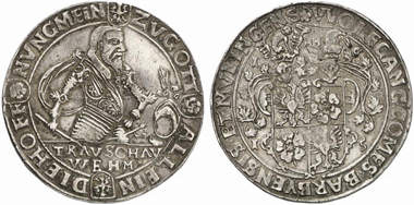 Lot 233: COUNTY OF BARBY. Wolfgang II (1586-1615). Reichsthaler 1615, Barby. Dav. 6060. Of utmost rarity, probably unique. Attractive, very nice specimen. Estimate: 50,000 euros. Hammer price: 70,000 euros.