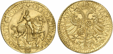 Lot 428: MAGDEBURG, TOWN. 10 ducats n. y. (1599). v. Schr. 954. Of utmost rarity, extremely fine specimen from Hess-Divo Auction 278, Zurich 1999, lot 20 and Schweizerischer Bankverein Auction 44, Basel 1998, lot 506. Estimate: 60,000 euros. Hammer price: 95,000 euros.