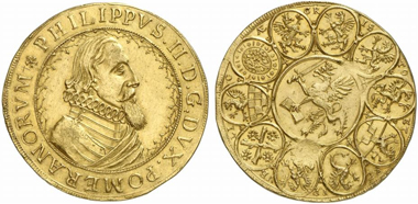 Lot 1074: POMERANIA. Philip II (1606-1618). 6 ducats n. y., Stettin. Hildisch 26. Second known specimen. Extremely fine. From Pogge Collection, L. & L. Hamburger 36, (1903), lot 922. Estimate: 25,000 euros. Hammer price: 50,000 euros.
