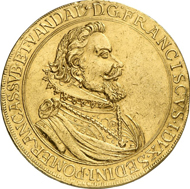 Lot 1133: POMERANIA. Franz (1618-1620). 10 ducat piece n. y., Stettin. Fb. 2096. Unique specimen from the estate of the duke of Croy. From the Carl Friedrich Pogge Collection, auction sale Hamburger 36 (1903), 978. Mount mark. Good very fine. Estimate: 20,000 euros. Hammer price: 70,000 euros.