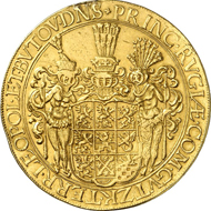 Lot 1133: POMERANIA. Franz (1618-1620). 10 ducat piece n. y., Stettin. Fb. 2096. Unique specimen from the estate of the duke of Croy. From the Carl Friedrich Pogge Collection, auction sale Hamburger 36 (1903), 978. Mount mark. Good very fine. Estimate: 20,000 euros. Hammer price: 70,000 euros.