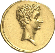 Nr. 547. Roman Imperial Times. AUGUSTUS, 27 B. C.-A. D. 14. Aureus, 29-17, Brindisi(?). RIC 268. From Kricheldorf 8 (1969), 198. Extremely fine to mint state. Estimate: 20,000 euros. End result: 57,500 euros.