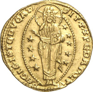 Lot 4592. Italy / Venice. MARINO FALIERO, 1354-1355. Ducat n. y. Paol. 30-1. Slightly bent. Extremely fine. Estimate: 3,000 euros. End result: 23,000 euros.