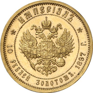 Lot 5132. Russia. NICHOLAS II, 1894-1917. Imperial - 10 rouble gold 1897, St. Petersburg Mint. Bitkin 319. Ex WCN A 46 (6/2011), 1100. Of utmost scarcity. About mint state. Estimate: 100,000 euros. End result: 172,500 euros.