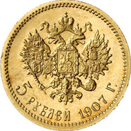 8617: Russia. NICHOLAS II, 1894-1917. 5 rouble 1907, St. Petersburg. Bitkin 33. Mintage only 109 specimens. Mint-state. Estimate: 25,000 euros. Hammer price: 110,000 euros.