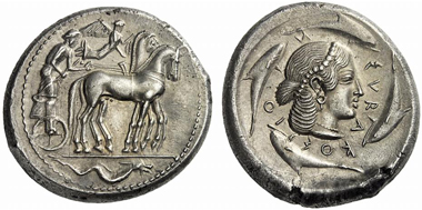 57: Syracuse (Sicily). Tetradrachm, c. 470-466. Boehringer 413. Rare. Finely toned. Extremely fine splendid specimen. Starting price: 6,000 euros. Hammer price: 17,000 euros.