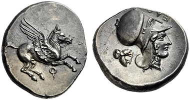 131: Corinth. Stater, 405-345. Ravel 619. Rare. About brilliant uncirculated. Starting price: 1,500 euros. Hammer price: 3,800 euros.