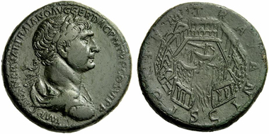 304: Trajan, 98-117. Sestertius, c. 112-114. Rv. port of Ostia. RIC - (cf. 632). Extremely fine / very fine. Starting price: 3,000 euros. Hammer price: 9,500 euros.