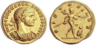 402: Aurelianus, 270-275. Aureus, 274. RIC 15. Extremely fine. Starting price: 6,000 euros. Hammer price: 17,000 euros.