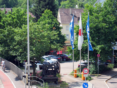 Visitors are greeted by a Schuler press at the parking area. Photograph: UK.