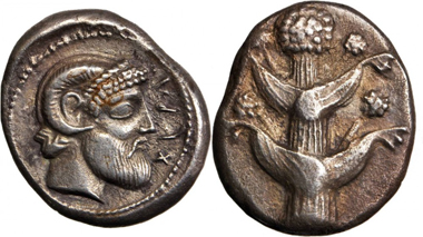 Lot 11121, CYRENAICA. Cyrene. AR Tetradrachm (16.39 Gms), Ca. 480-435 B.C. Realized $32,900.