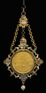The Portrait medallion by Alessandro Abondio of Maximilian III, Archduke of Austria, worn as a pendant. Vienna, 1612-1618. Enamelled gold with peal. (c) The Trustees of the British Museum.