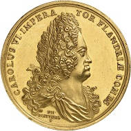 Lot 3: Belgium. Flanders. Charles III (VI). Gold medal of 23 ducats 1716 by P. Roettiers on the birth of Archduke Leopold. Extremely rare. Extremely fine. Estimate: 15,000,- euros. Hammer price: 60,000,- euros.