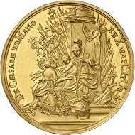 Lot 3: Belgium. Flanders. Charles III (VI). Gold medal of 23 ducats 1716 by P. Roettiers on the birth of Archduke Leopold. Extremely rare. Extremely fine. Estimate: 15,000,- euros. Hammer price: 60,000,- euros.