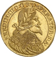 Lot 238: Holy Roman Empire. Ferdinand III. 5 ducats 1641, Prague. Very rare. Extremely fine. Estimate: 20,000,- euros. Hammer price: 110,000,- euros.