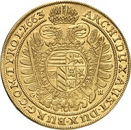 Lot 246: Holy Roman Empire. Leopold I. 10 ducats 1663, Breslau. Unedited, unique. Almost extremely fine. Estimate: 100,000,- euros. Hammer price: 140,000,- euros.
