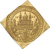 Lot 304: Salzburg. Paris von Lodron. Klippe of 30 ducats 1628 on the Cathedral's consecration. Unedited, unique. Extremely fine. Estimate: 75,000,- euros. Hammer price: 160,000,- euros.