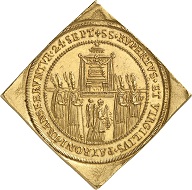 Lot 304: Salzburg. Paris von Lodron. Klippe of 30 ducats 1628 on the Cathedral's consecration. Unedited, unique. Extremely fine. Estimate: 75,000,- euros. Hammer price: 160,000,- euros.