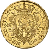 Lot 277: Holy Roman Empire. Maria Theresia. 5 ducats 1743, Vienna. Very rare. Extremely fine. Estimate: 7,500,- euros. Hammer price: 80,000,- euros.