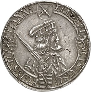 Lot 455: Saxony. Friedrich III der Weise, Georg and Johann, 1500-1507. Thick triple guldengroschen no date (1500-1507), Annaberg. Extremely rare. Very fine to extremely fine. Estimate: 75,000,- euros. Hammer price: 100,000,- euros.