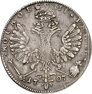 Lot 603: Russia. Peter I. Roubel 1707, Moscow, Kadashevsky Mint. Ex Hutten-Czapski Coll. (with collector's punch). Very rare. Good very fine. Estimate: 250,000,- euros. Hammer price: 290,000,- euros.