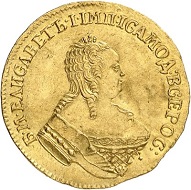 Lot 642: Russia. Elizabeth, 1741-1761. Ducat 1752, Moscow, Red Mint. Very rare. Only 9,398 specimens struck. Extremely fine. Estimate: 50,000,- euros. Hammer price: 85,000,- euros.