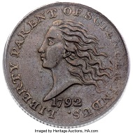 1792 P10C Disme, Judd-10, Pollock-11, High R.6 AU50 PCGS. Realized: 180,000 USD.