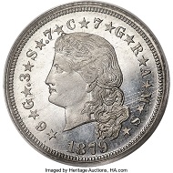1879 $4 Flowing Hair Four Dollar, Judd-1637, Pollock-1835, High R.7, PR67 PCGS. CAC. Realized: 120,000 USD.