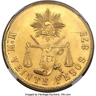 Mexico. Republic gold 20 Pesos 1900 Mo-M MS65+ NGC. Realized: 38,400 USD.