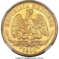 Mexico. Republic gold 20 Pesos 1900 Mo-M MS65+ NGC. Realized: 38,400 USD.