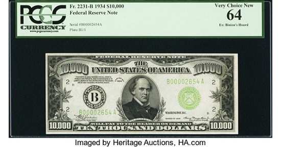 Fr. 2231-B $10,000 1934 Federal Reserve Note. PCGS Very Choice New 64. Realized: 144,000 USD.