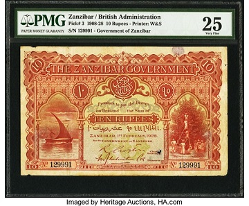 Zanzibar Government 10 Rupees 1.2.1928 Pick 3. Realized: 72,000 USD.