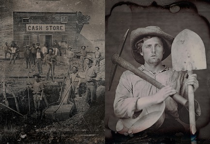 Left: Unknown photographer. Outdoor scene with a group of unidentified miners in front of a cash store. c. 1850. Daguerreotype. 1/2 plate (10.8 x 14 cm). // Right: Unknown photographer. Portrait of an unidentified man dressed as a miner with tools. c. 1851. Daguerreotype. 1/6 plate (8.3 x 7 cm).