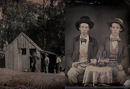 Left: Unknown photographer. Exterior view of Aron Perley’s house and four gold miners. 1850. Daguerreotype. 1/4 plate (8.3 x 10.8 cm). // Right: Unknown photographer. Portrait of two unidentified young men drinking liquor. c. 1850. Daguerreotype. 1/6 plate (8.3 x 7 cm).