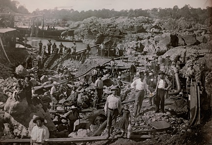 G.H. Johnson. Outdoor view of a large mining operation on the North Fork American River. c. 1852. Daguerreotype enhanced with gold. Full plate (16,5 x 21.6 cm).
