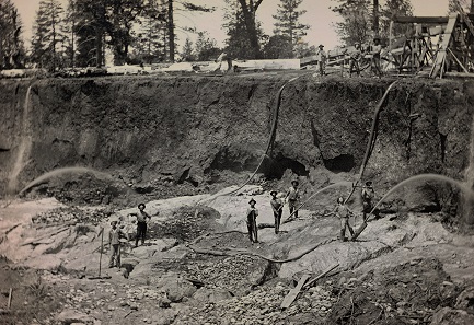 Unknown photographer. Outdoor view of a hydraulic mining operation. c. 1856. Daguerreotype. 1/2 plate (10.8 x 14 cm).