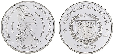 Commemorative coin. Issued by Senegal. Inscription “Commémoration de l’abolition de l'esclavage” with image of Toussaint L'Ouverture (1743-1803), 2007 © the Trustees of the British Museum.