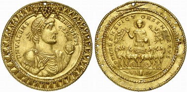 This Valens gold medallion of 9 solidi (probably unique) was auctioned off in 2009 under lot number 839 in the Künker auction 158 for 360,000 euros.