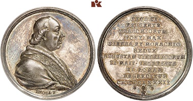 Papal vestments and accessories like the tiara are often shown on numismatic items as these three specimens (not in the exhibition) show from the 18th to the 20th centuries: A silver medal from Augsburg made in 1782 to commemorate the visit of Pope Pius VI. From Künker auction 305 (2018), 2960.