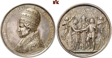 A silver medal of Pope Pius IX from 1846/1846 on his accession to the throne. From Künker auction 305 (2018), 2191.
