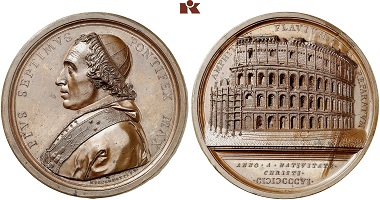 A bronze medal of Pope Pius VII from 1807. From Künker auction 305 (2018), 2960.