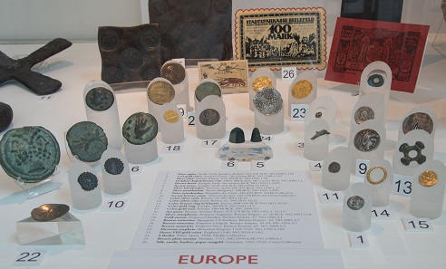 A collection of European coins and other means of payment. Photo: What is Money exhibition, University of Calgary