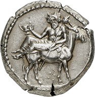 No. 2188: Mende (Macedonia). Tetradrachm, around 423. From Margaretha Ley collection, Numismatik Lanz auction 70 (1994), No. 51. Very rare. Extremely fine. Estimate: 40,000 euros.